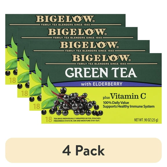 (4 pack) Bigelow Green Tea with Elderberry, Plus Vitamin C, Tea Bags, 18 Count
