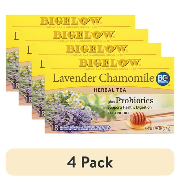 (4 pack) Bigelow Lavender Chamomile Plus Probiotics, Caffeine Free, Herbal Tea Bags, 18 Count
