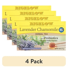 (4 pack) Bigelow Lavender Chamomile Plus Probiotics, Caffeine Free, Herbal Tea Bags, 18 Count