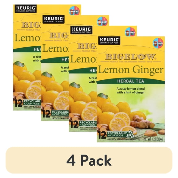 (4 pack) Bigelow Lemon Ginger, Caffeine-Free Herbal Tea, Keurig K-Cup Tea Pods, 12 Count