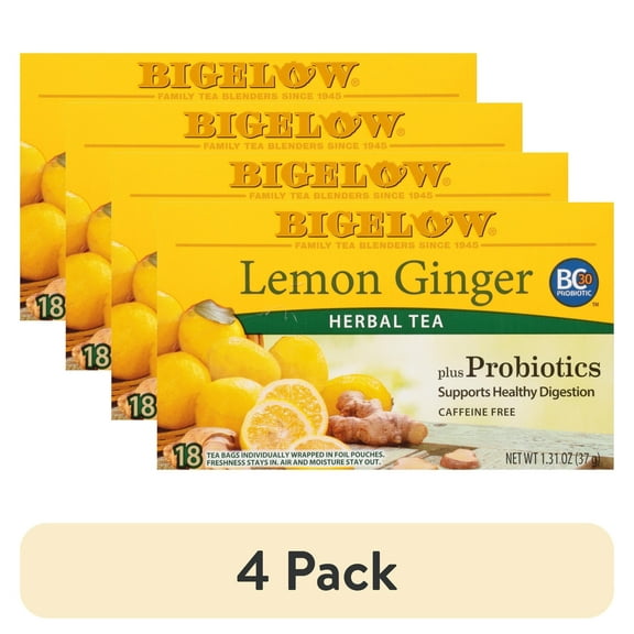 (4 pack) (4 pack ) Bigelow Lemon Ginger plus Probiotics, Caffeine Free, Herbal Tea Bags, 18 Count