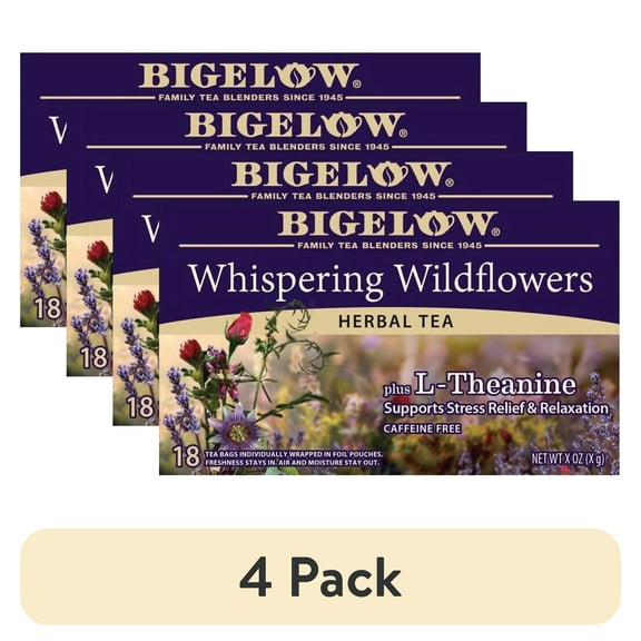 (4 pack) Bigelow Whispering Wildflowers Plus L-Theanine, Caffeine-Free Herbal Tea Bags, 18 Count