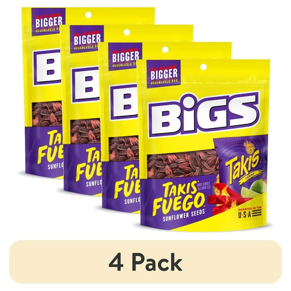(4 pack) Bigs Takis Fuego Sunflower Seeds, Hot Chili Lime Flavor, Low Carb Lifestyle, 5.35 oz. Bag