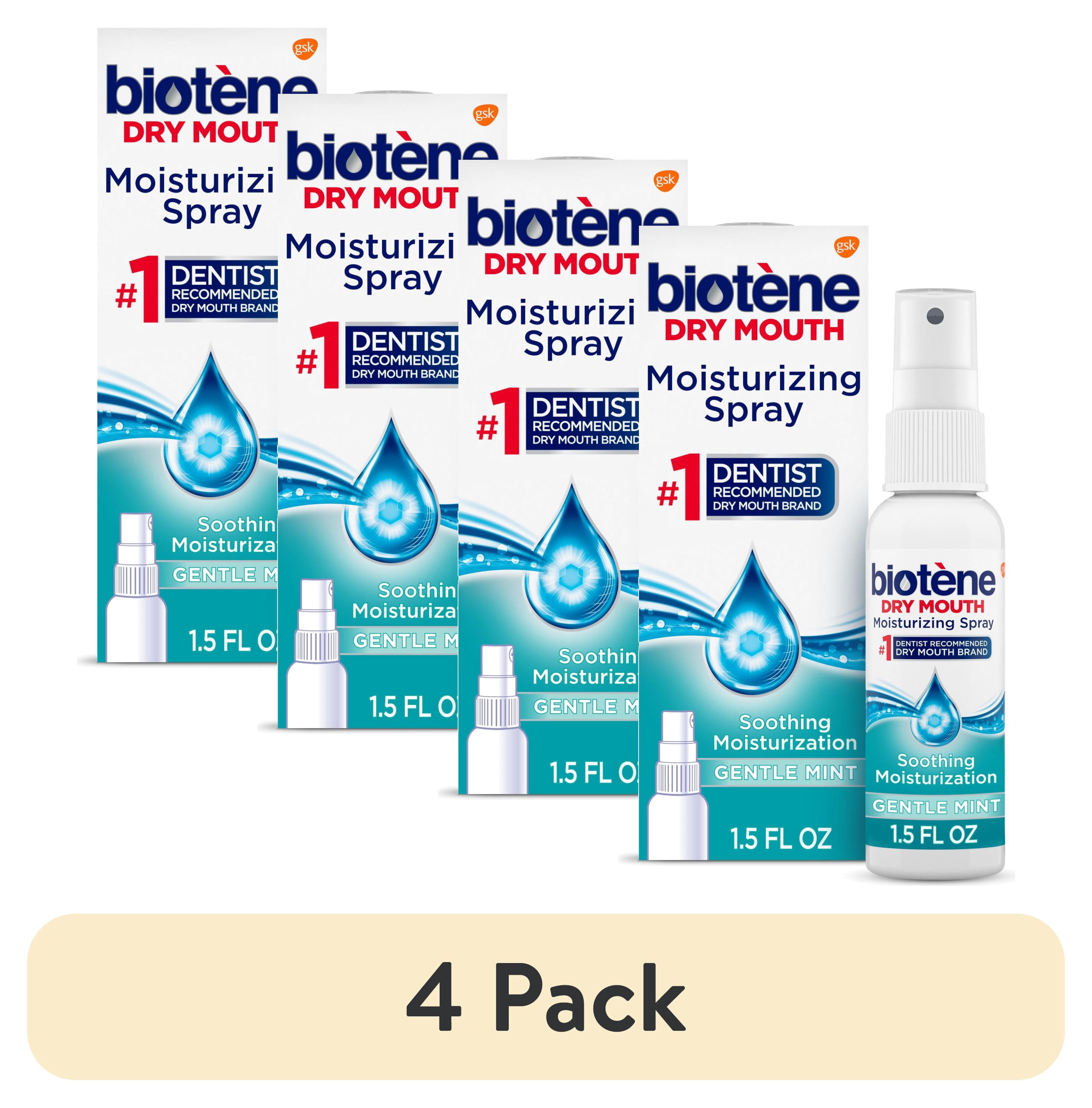 (4 pack) Biotene Dry Mouth and Fresh Breath Moisturizing Spray, Gentle Mint, 1.5 Oz, for Children and Adults