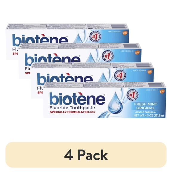 (4 pack) Biotene Fresh Mint Original Gentle Formula Fluoride Toothpaste, 4.3 Ounces