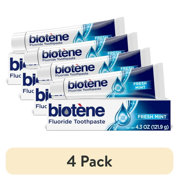 (4 pack) Biotene Original Sugar Free Fluoride Toothpaste for Dry Mouth, Fresh Mint, 4.3 Oz