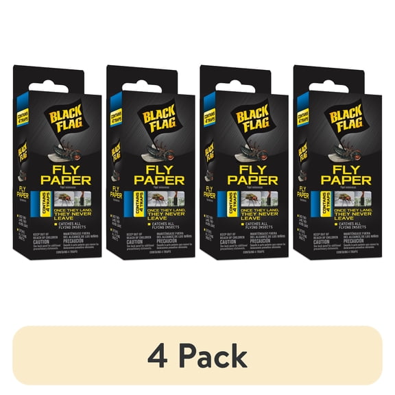 (4 pack) Black Flag Fly Paper 4 Traps, Catches All Flying Insects