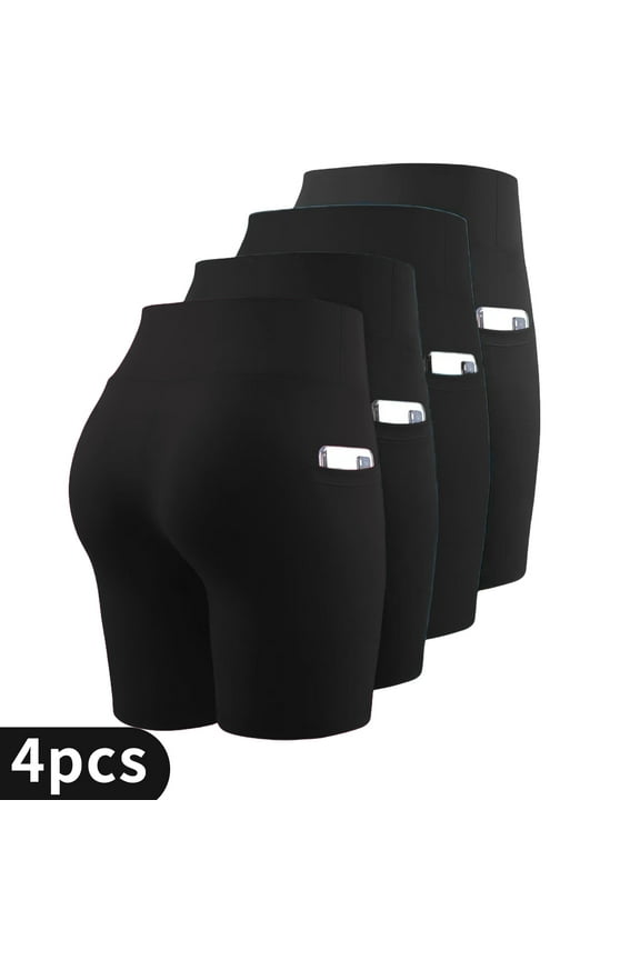 4-pack Black Solid Women's Yoga Shorts, Comfortable and Breathable, Sporty and Simple, Summer Sports Fitness Shorts