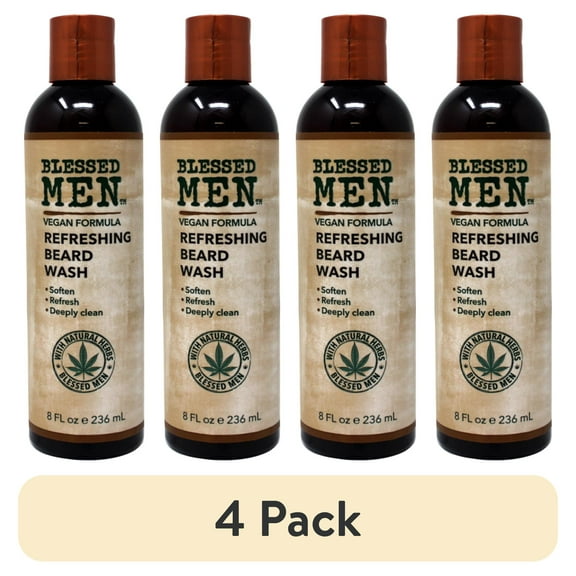 (4 pack) Blessed Men Refreshing Beard Wash, Deeply Clean with Natural Herbs, 8 Ounce