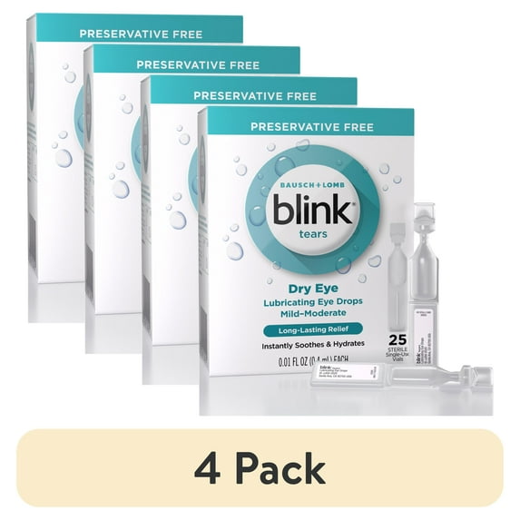 (4 pack) Blink Tears Eye Drops for Dry Eyes, Preservative Free Lubricating Eye Drops, Sterile Single Use Vials, Gentle Eye Care for Mild to Moderate Dry Eye Symptom Relief, 25 Count, 0.01 fl oz Vials