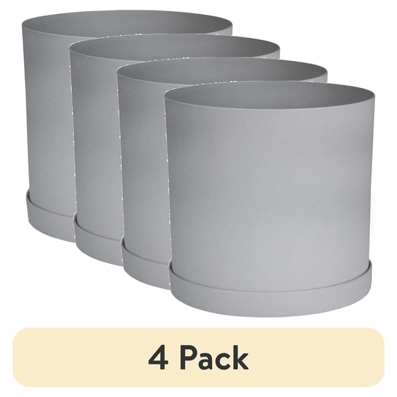 (4 pack) Bloem Mathers 12" Cement Round Modern Resin Garden Planter Pot with Drainage Holes and Removable Saucer Tray Included