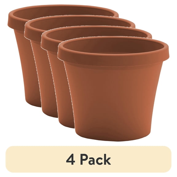 (4 pack) Bloem Terra 10" Diameter Round Resin Planter with Drainage Holes - Indoor, Outdoor, 2 Gallon Capacity, Lightweight, Fade-Resistant Garden Pot, Terra Cotta