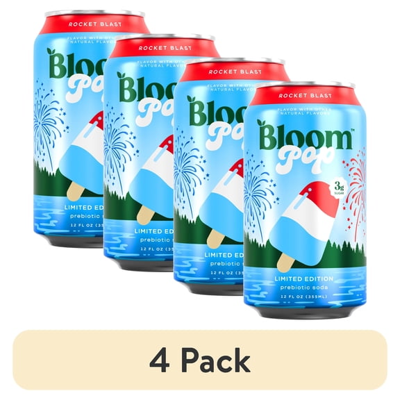 (4 pack) Bloom Nutrition Pop Prebiotic Soda, Rocket Blast, 12 fl oz Can