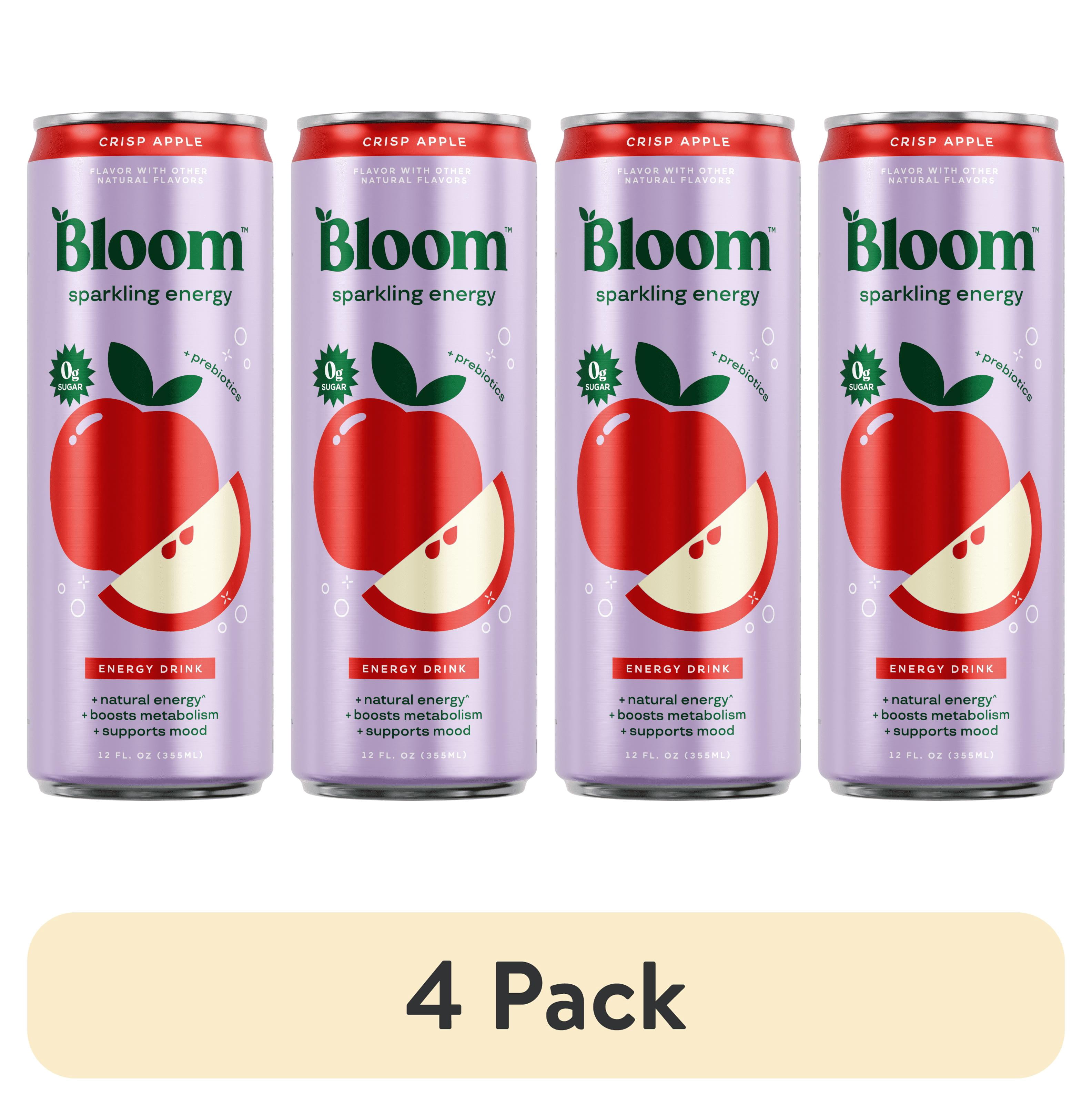 (4 pack) Bloom Nutrition Sparkling Energy Drink, Crisp Apple, 12 fl oz Single Can