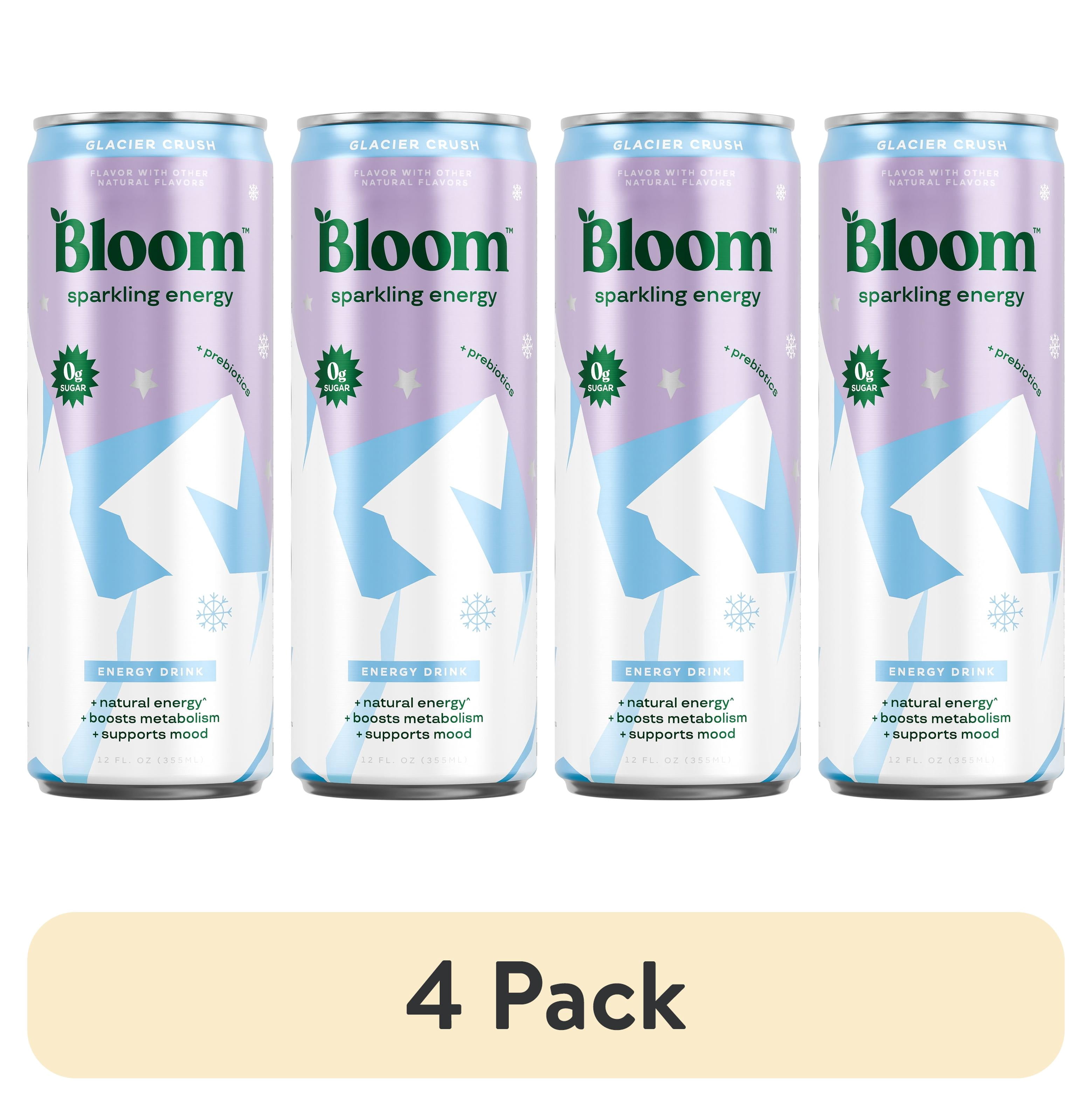 (4 pack) Bloom Nutrition Sparkling Energy Drink, Glacier Crush, 12 fl oz Single Can
