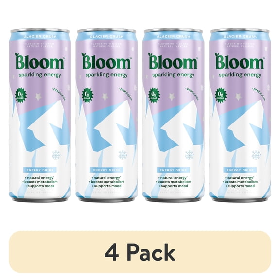 (4 pack) Bloom Nutrition Sparkling Energy Drink, Glacier Crush, 12 fl oz Single Can
