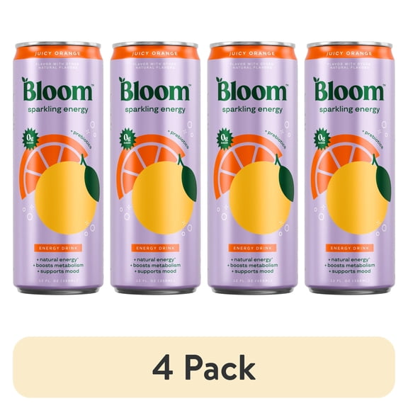 (4 pack) Bloom Nutrition Sparkling Energy Drink, Juicy Orange, 12 fl oz Single Can