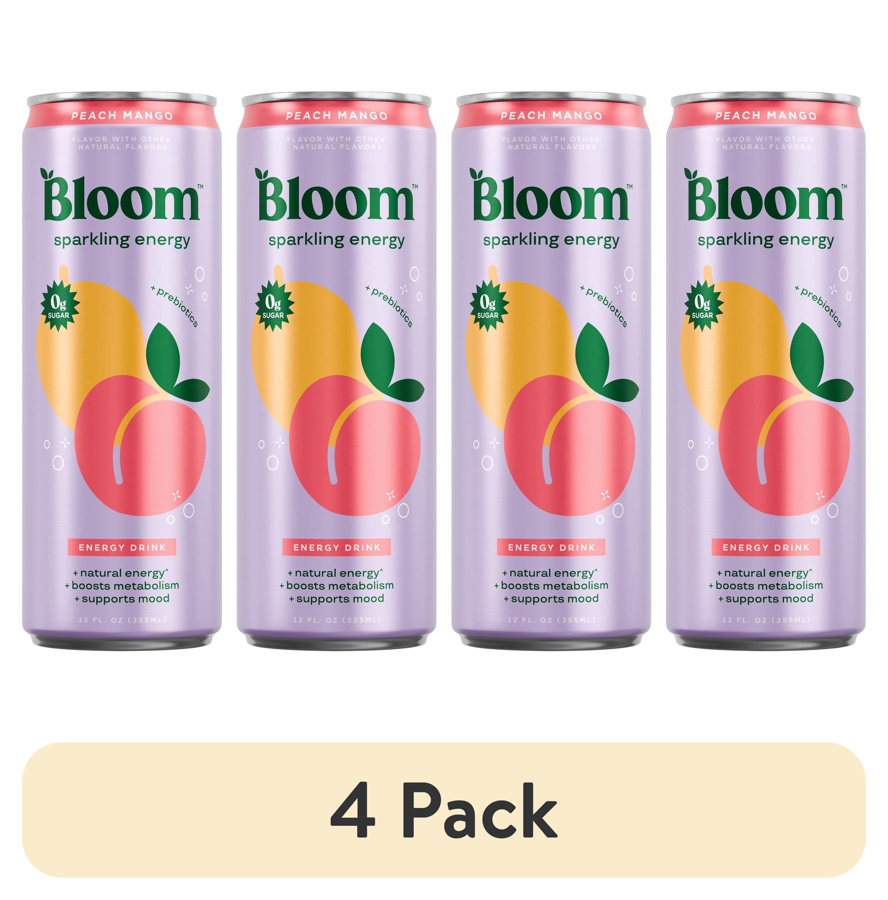 (4 pack) Bloom Nutrition Sparkling Energy Drink, Peach Mango, 12 fl oz Single Can
