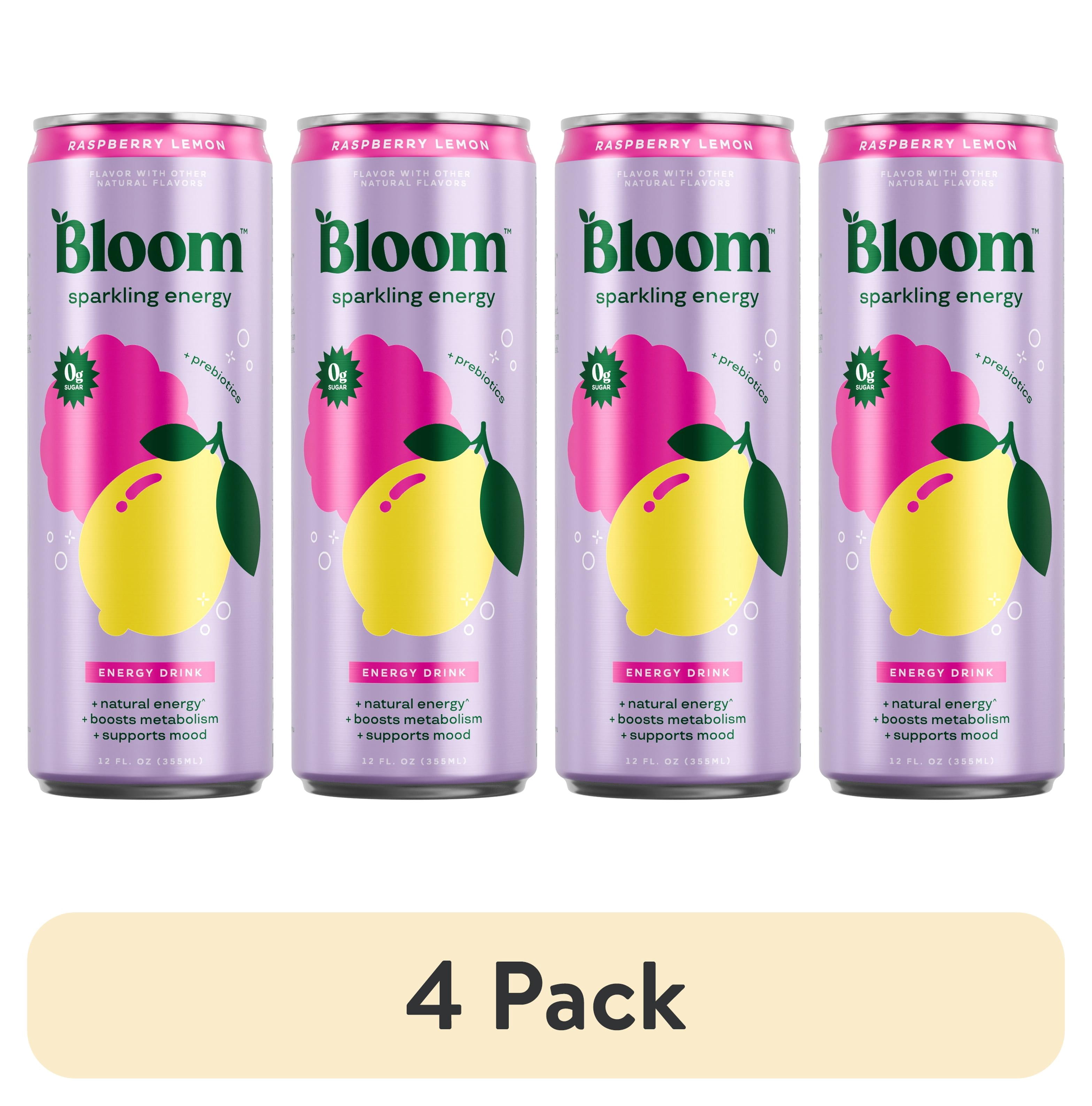 (4 pack) Bloom Nutrition Sparkling Energy Drink, Raspberry Lemon, 12 fl oz Single Can
