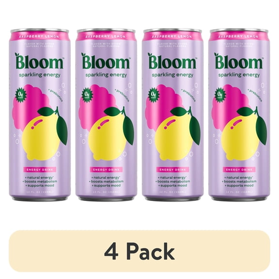 (4 pack) Bloom Nutrition Sparkling Energy Drink, Raspberry Lemon, 12 fl oz Single Can