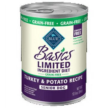 (4 pack) Blue Buffalo Basics Limited Ingredient Diet, Grain Free Natural Senior Wet Dog Food, Turkey 12.5-oz cans