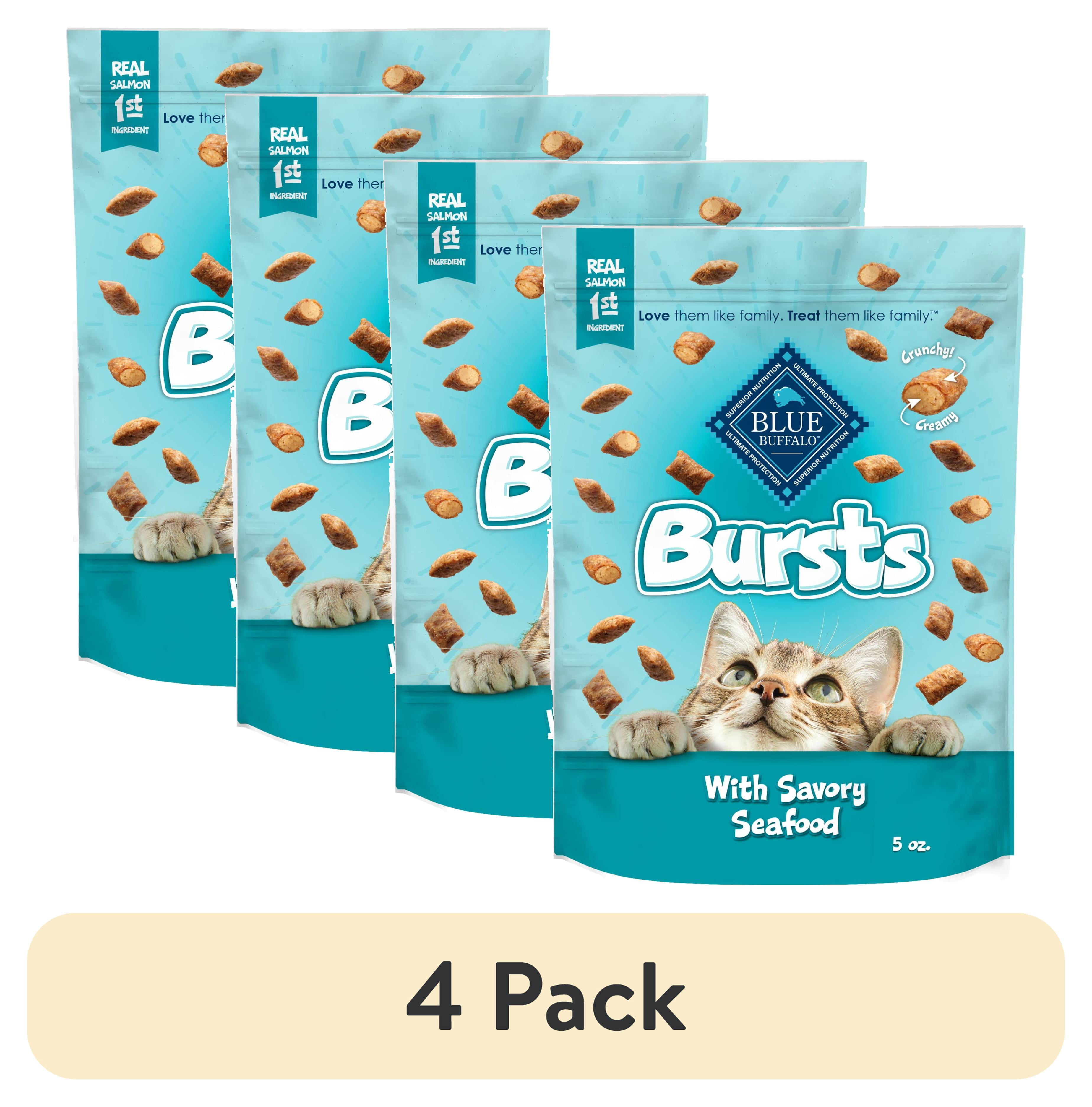 (4 pack) Blue Buffalo Bursts Crunchy & Creamy Cat Dry Treats, Great for Training, Seafood, 5-oz. Bag