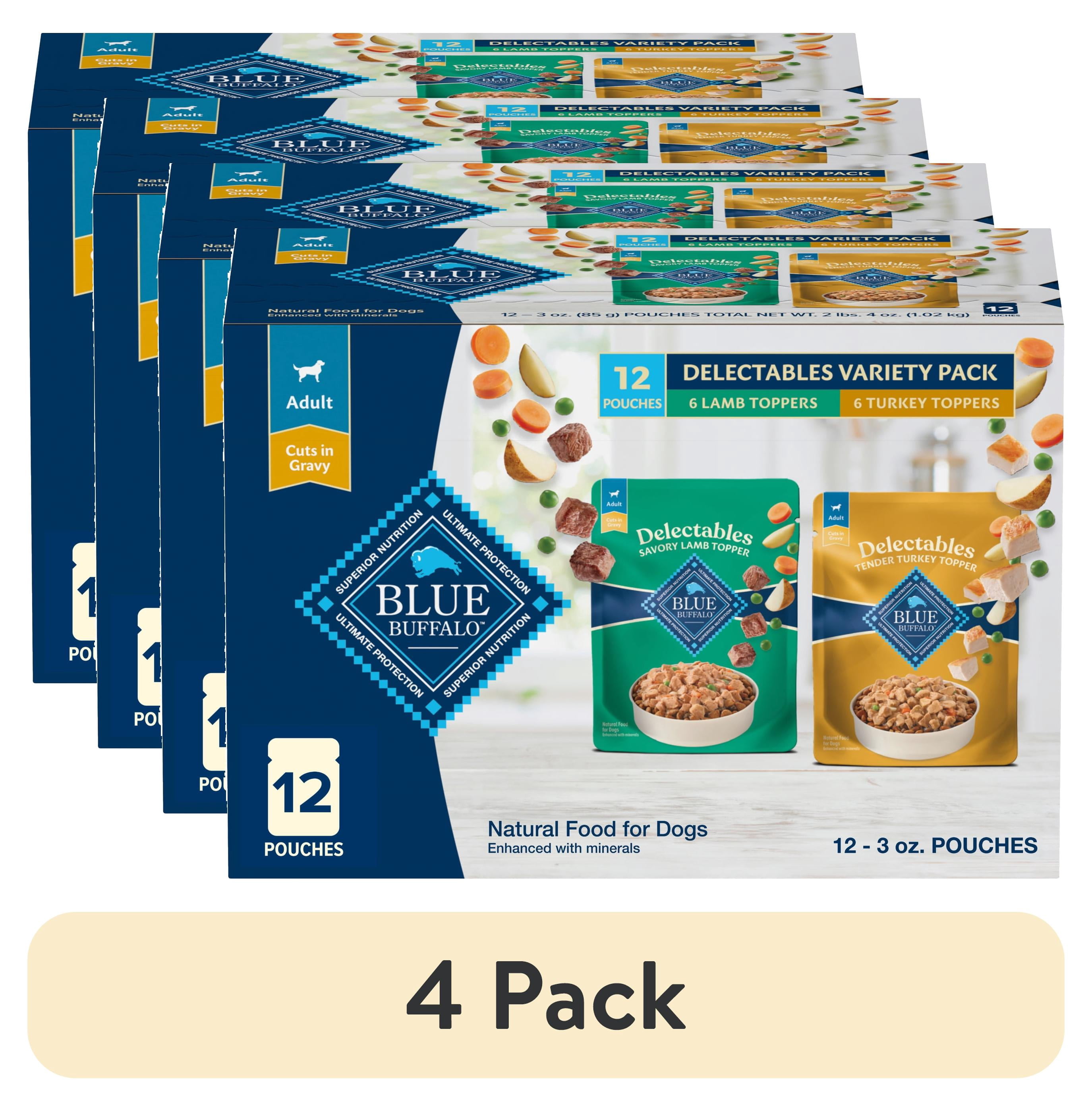 (4 pack) Blue Buffalo Delectables Natural Wet Dog Food Topper Variety Pack, Lamb & Turkey Dinner 3oz (12 Pack - 6 of Each Flavor)
