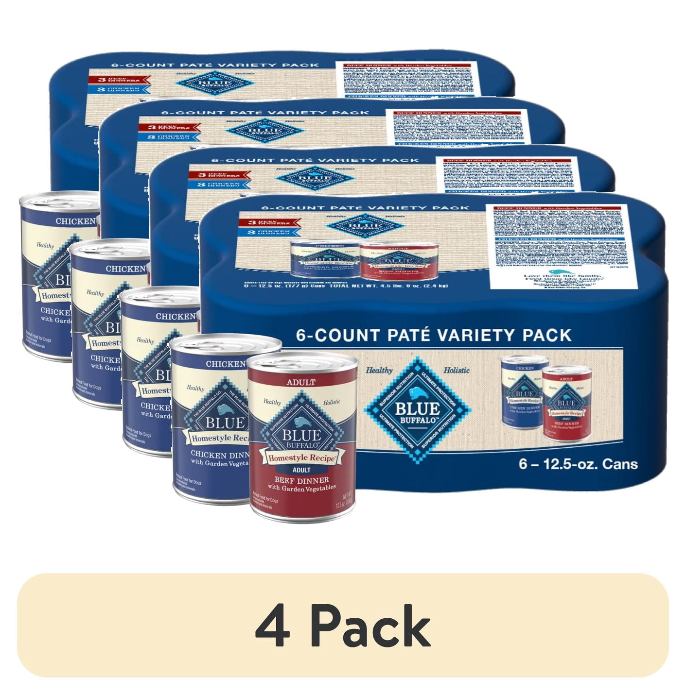 (4 pack) Blue Buffalo Homestyle Recipe Adult Wet Dog Food, Chicken and Beef Dinner Variety Pack