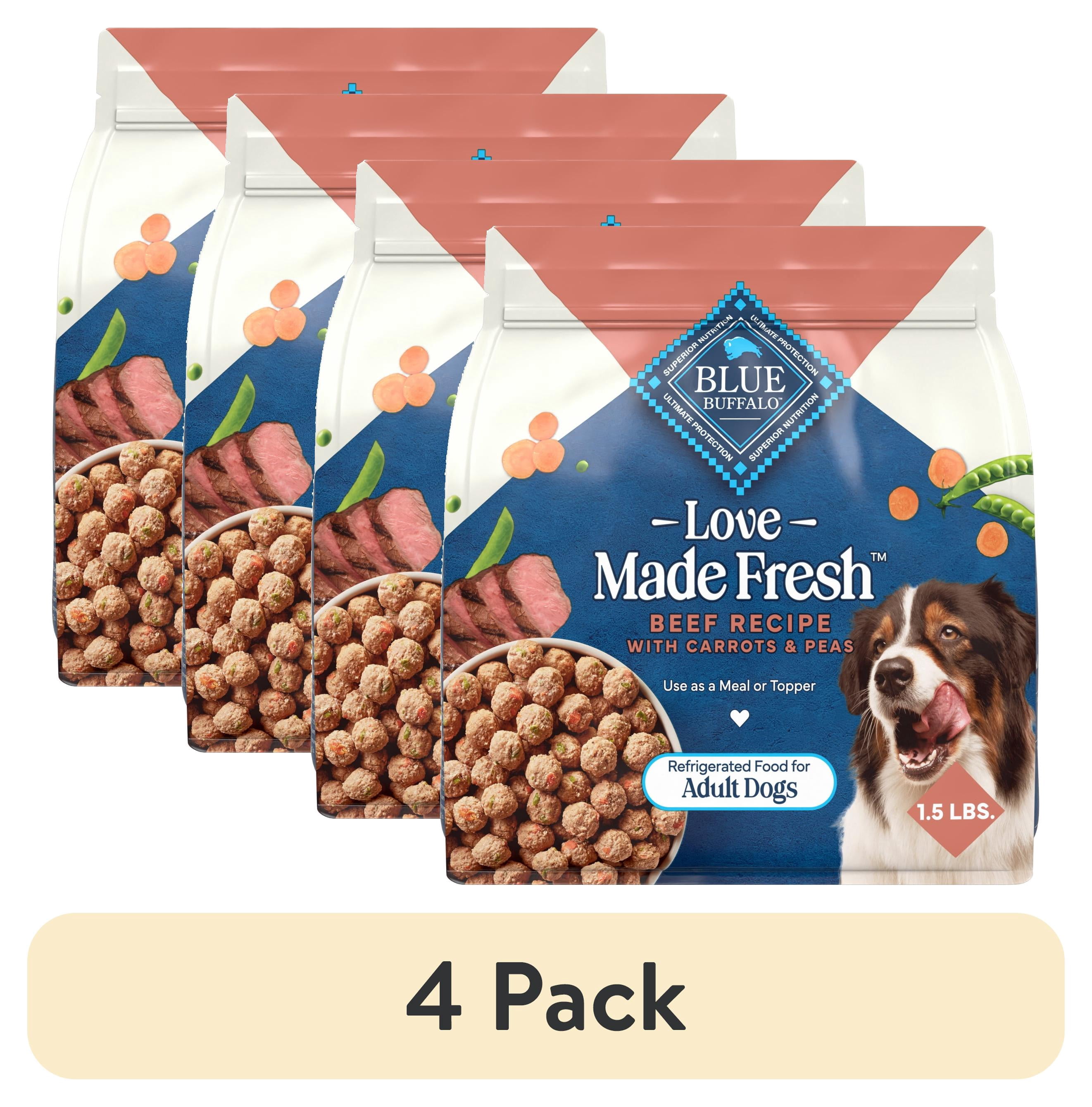 (4 pack) Blue Buffalo Love Made Fresh Adult Refrigerated Dog Food, Beef Meatball 1.5lb Pouch