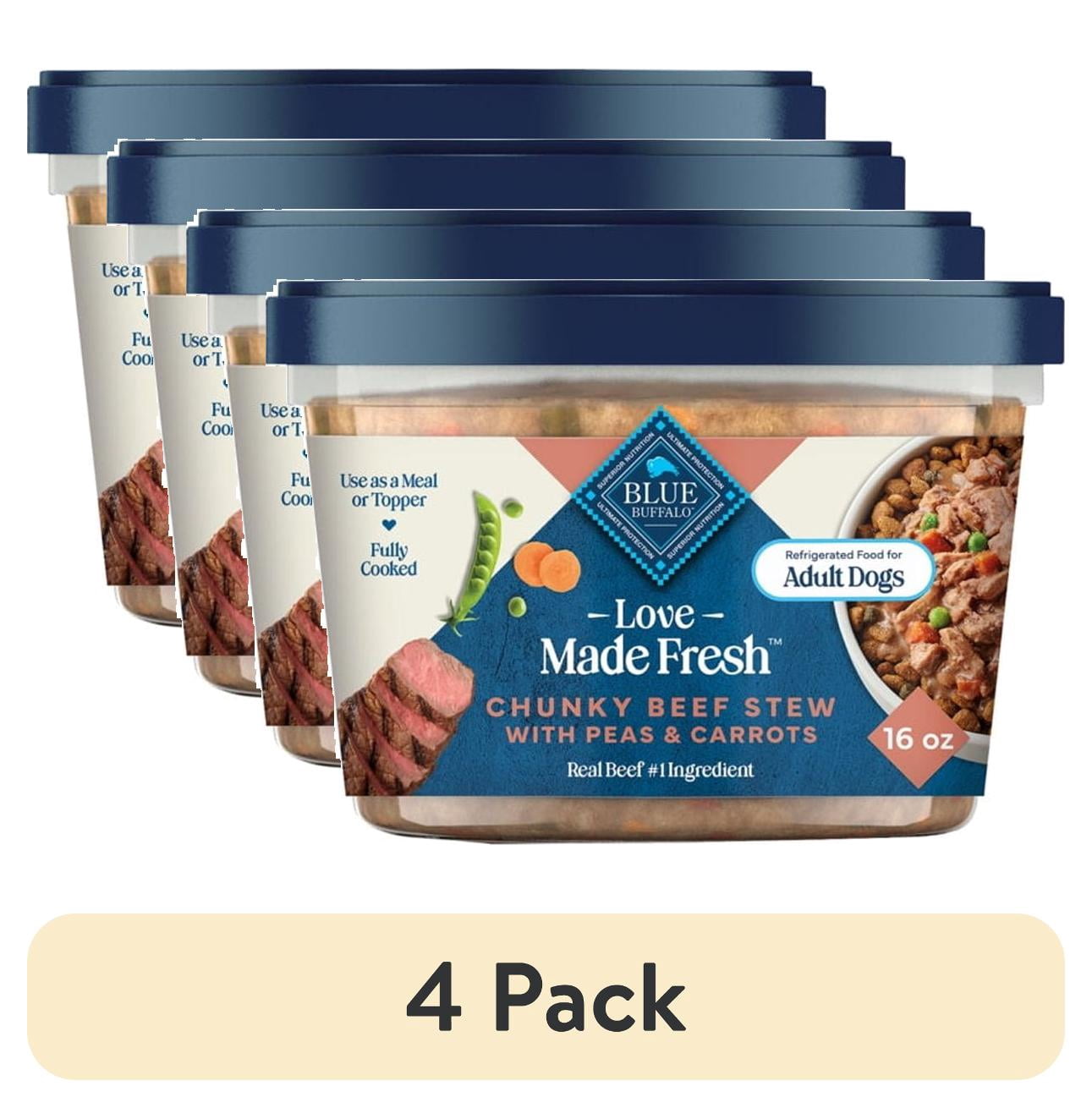 (4 pack) Blue Buffalo Love Made Fresh Dog Food, Refrigerated, Chunky Beef Stew, 1-lb Tub