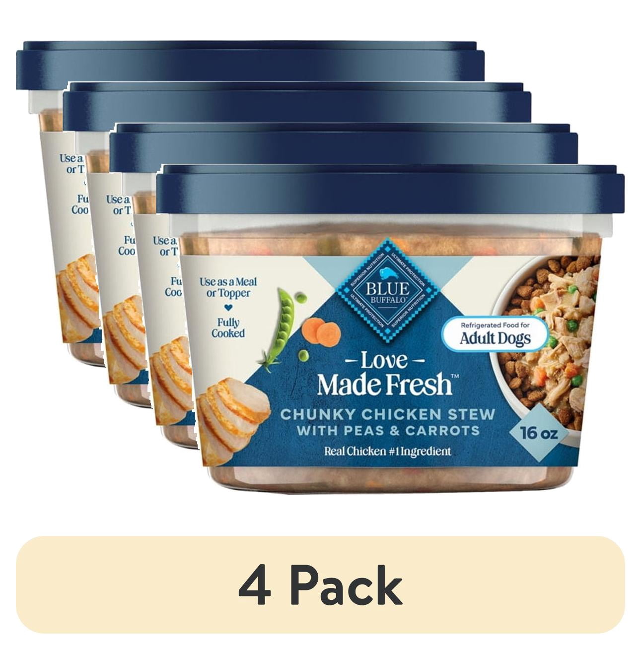 (4 pack) Blue Buffalo Love Made Fresh Dog Food, Refrigerated, Chunky Chicken Stew, 1-lb Tub