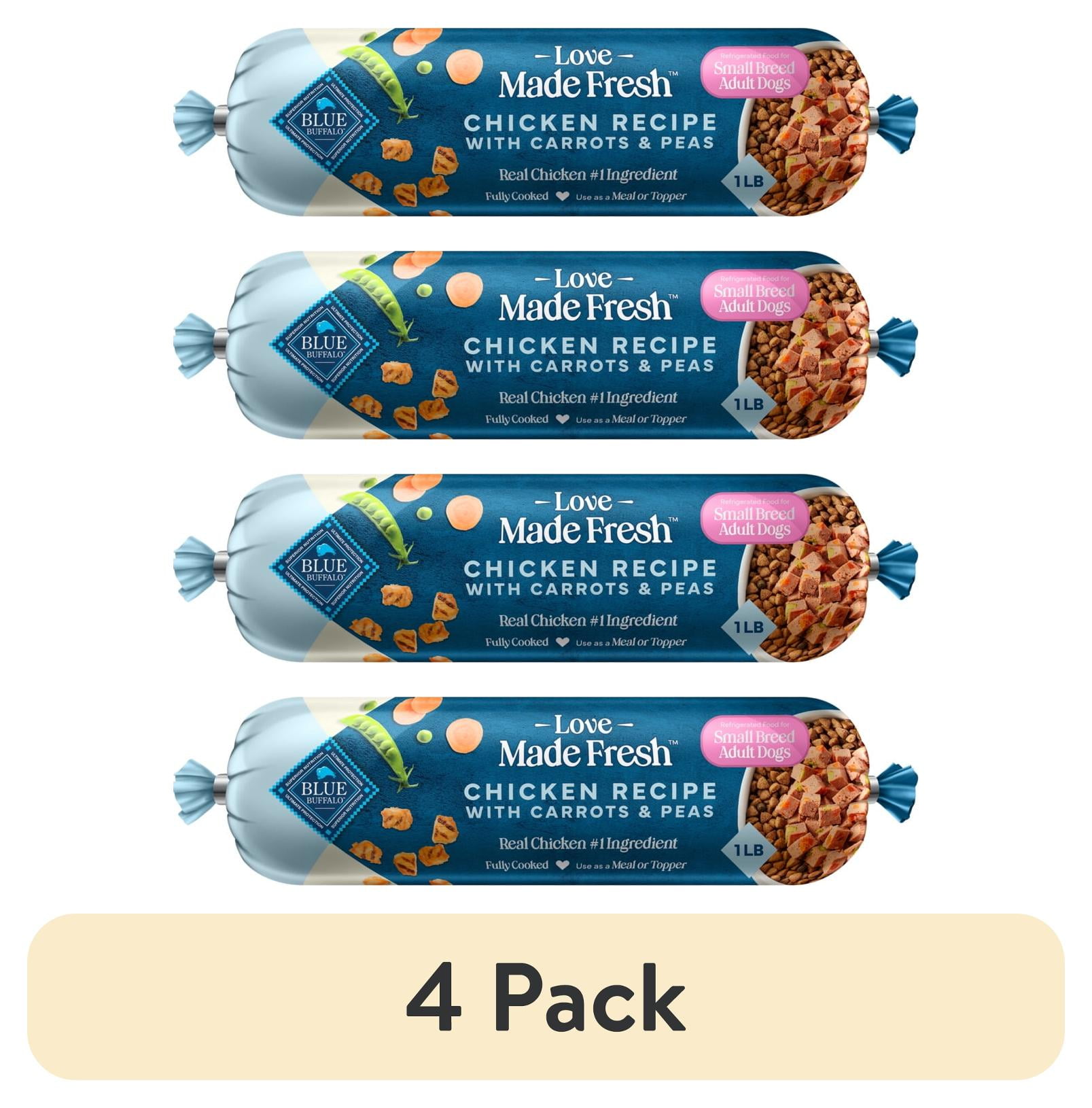 (4 pack) Blue Buffalo Love Made Fresh Dog Food, Small Breed Adult, Refrigerated, Chicken, 1-lb Roll