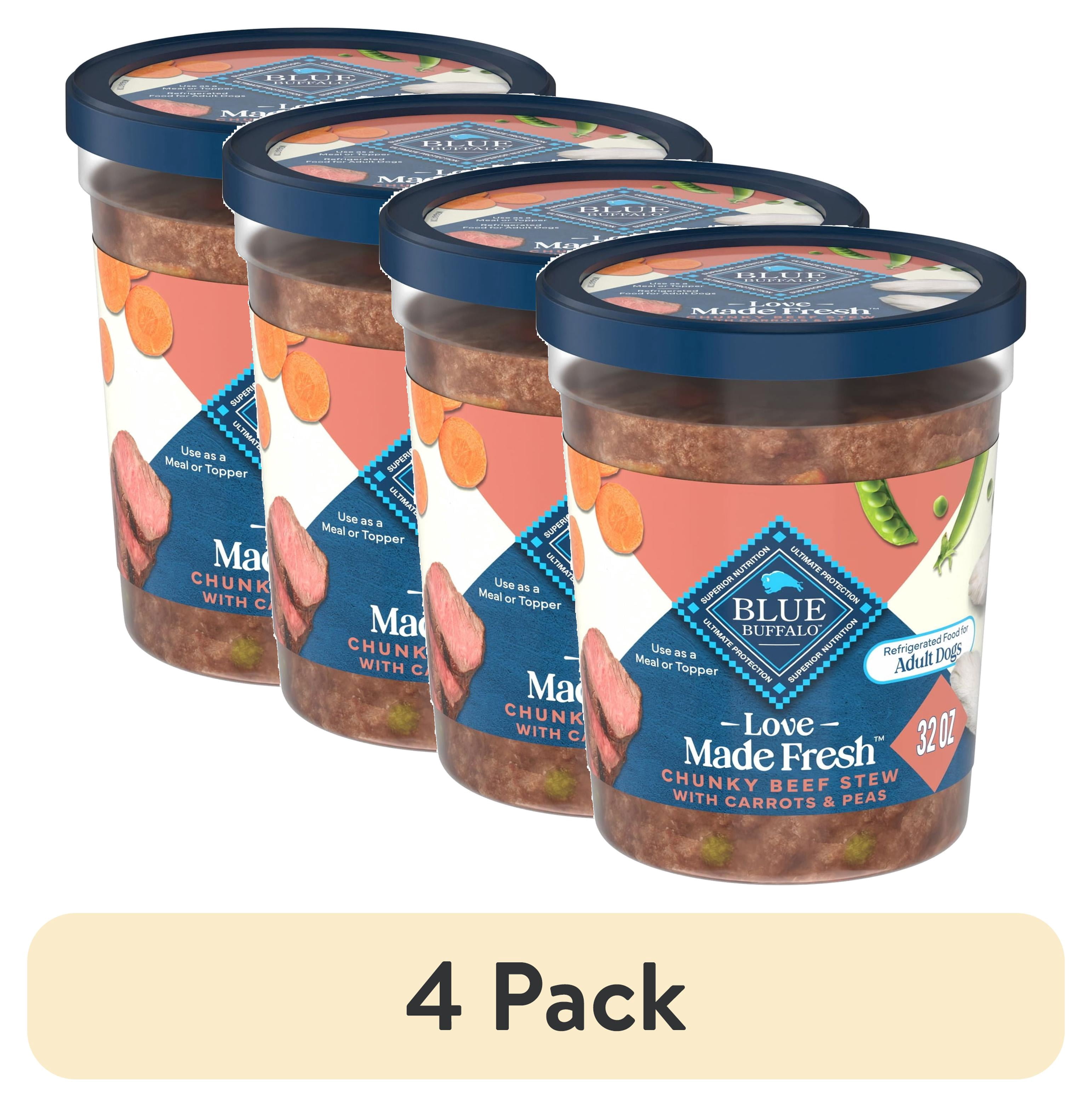 (4 pack) Blue Buffalo Love Made Fresh Refrigerated Adult Fresh Dog Food, Beef Stew, 2lb Tub