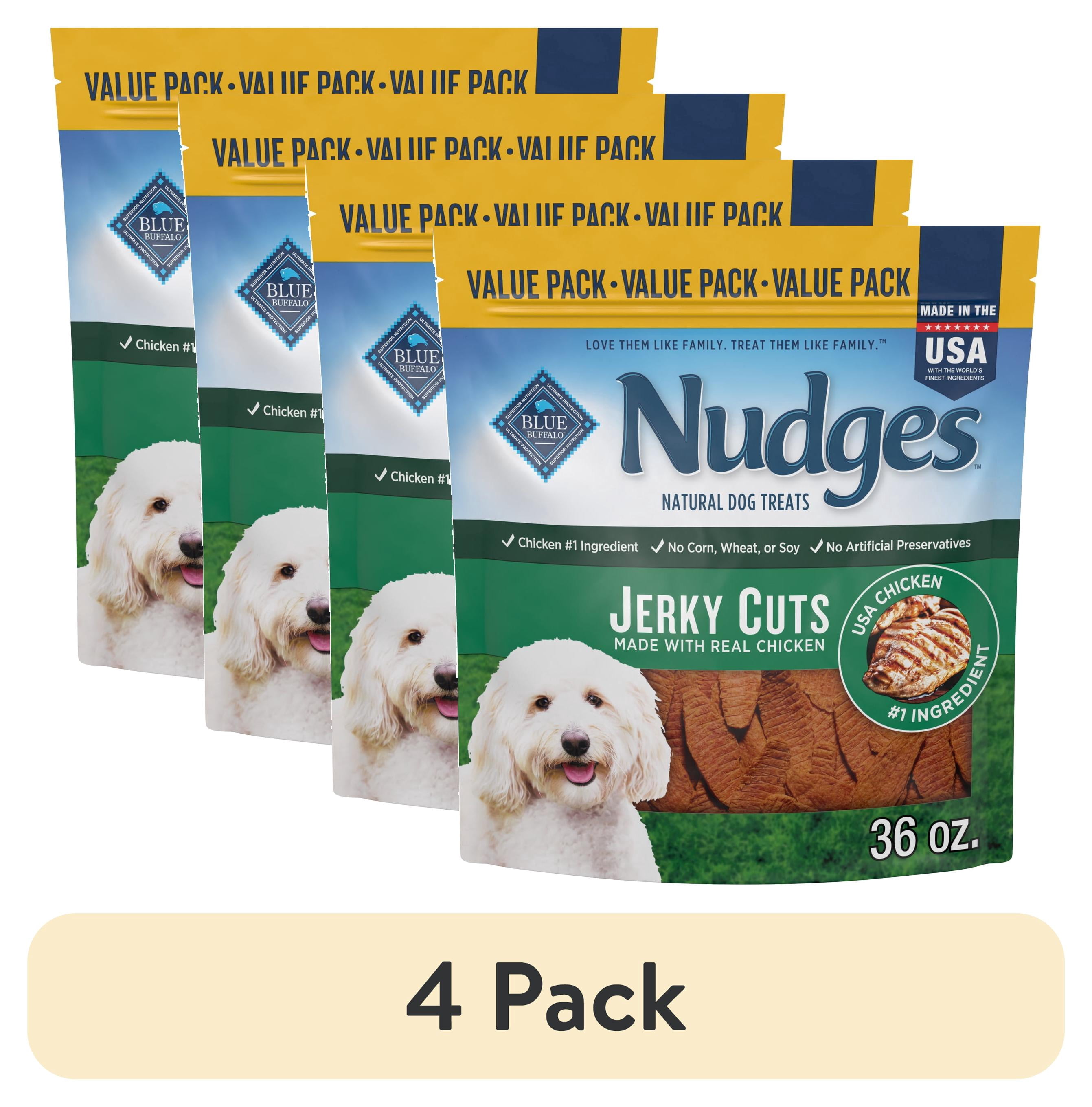 (4 pack) Blue Buffalo Nudges Jerky Cuts Natural Dog Treats Chicken 36 OZ Bag