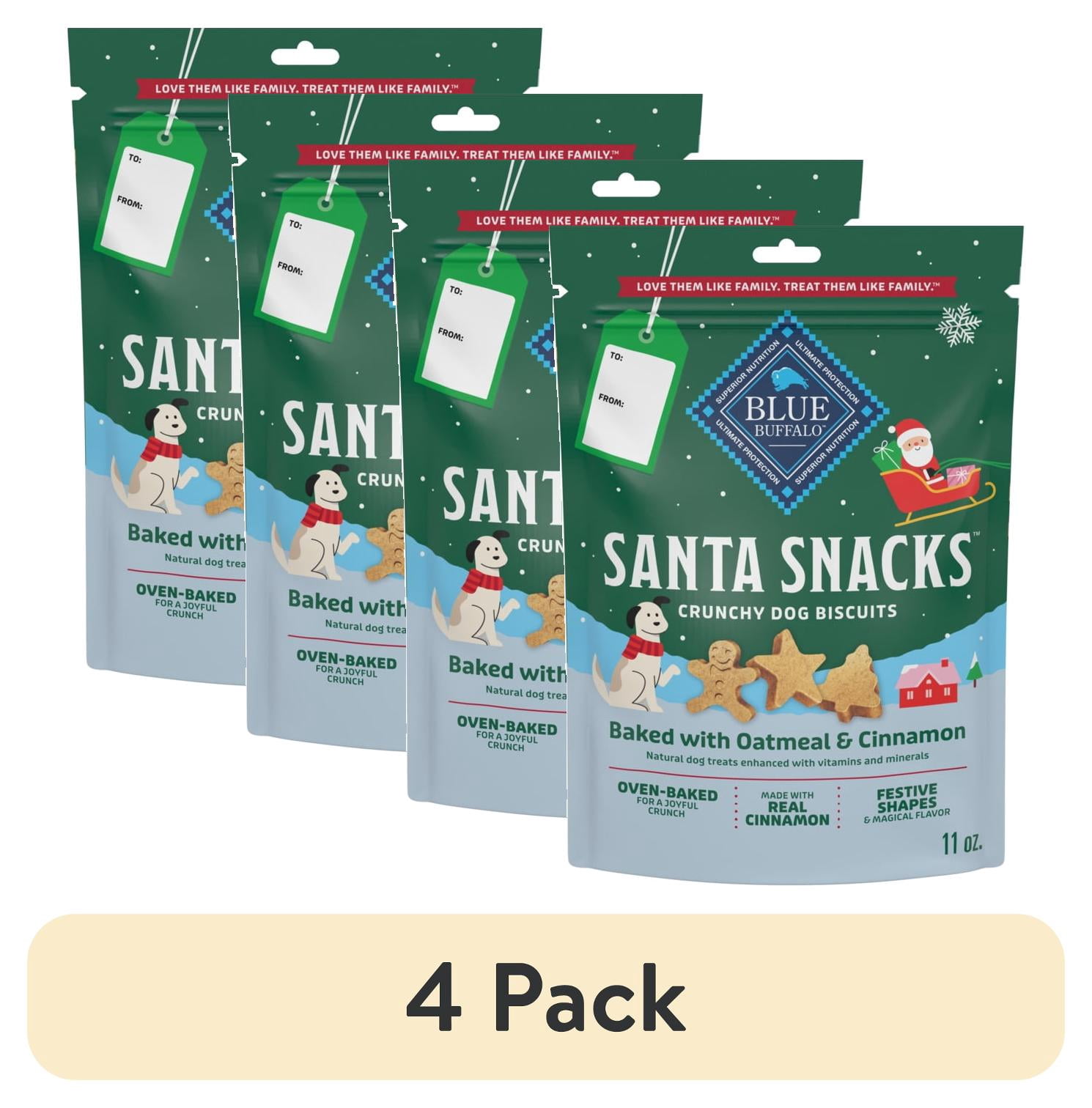 (4 pack) Blue Buffalo Santa Snacks Crunchy Dog Biscuits, Oven-Baked, Oatmeal & Cinnamon, 11-oz. Bag