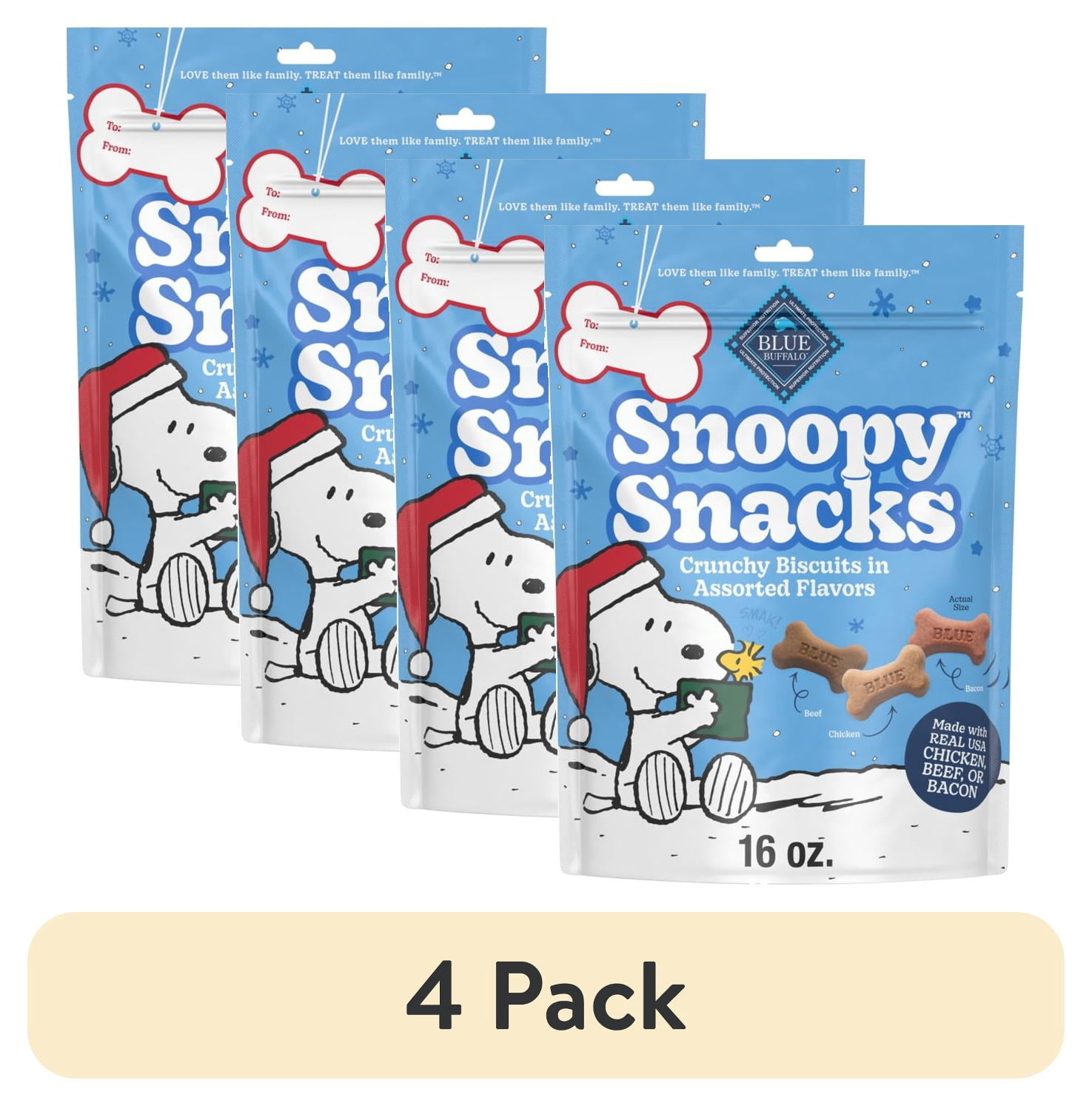 (4 pack) Blue Buffalo Snoopy Snacks Crunchy Dog Treats, Assorted Flavors, Small, 16oz. Bag