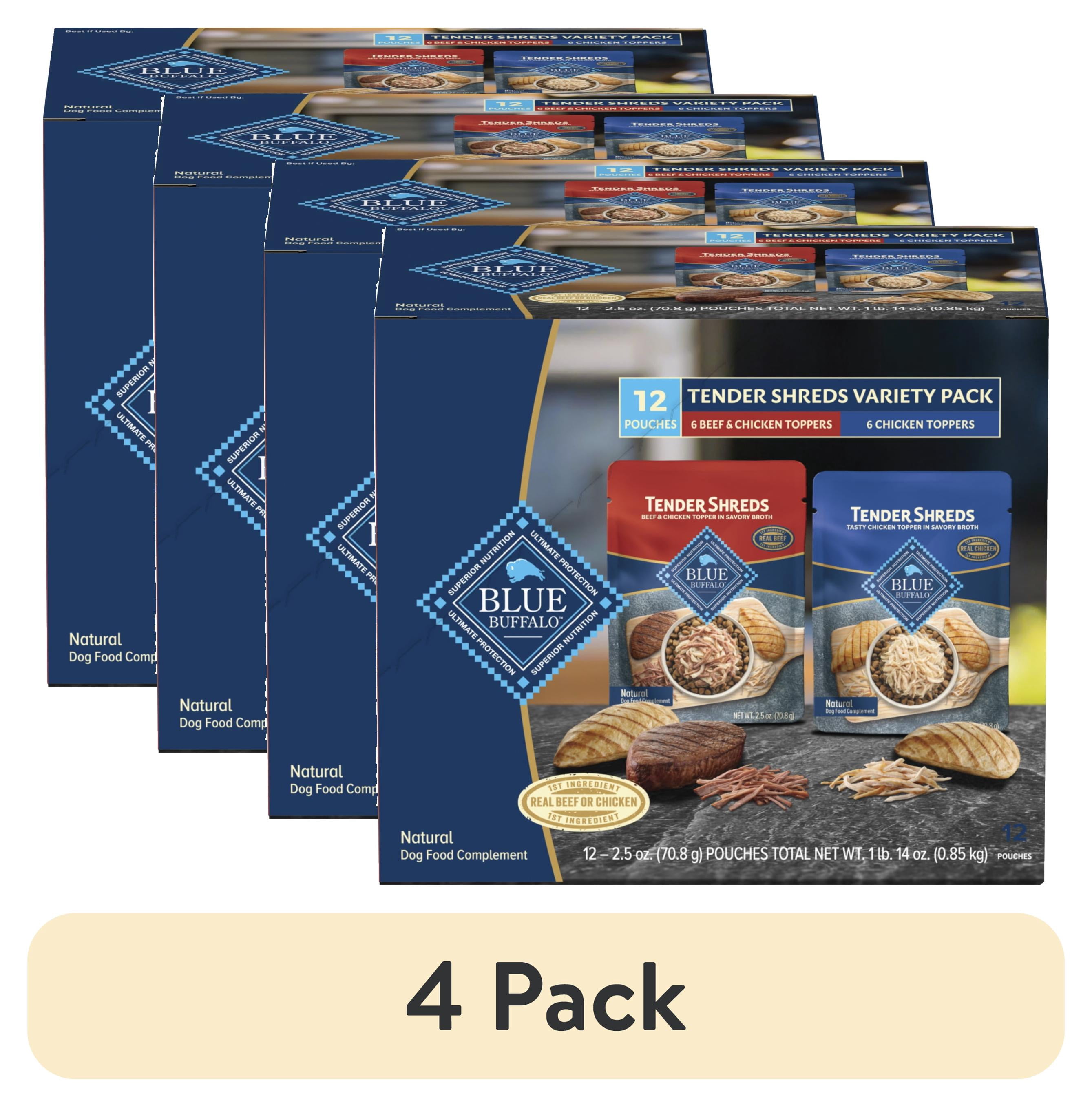 (4 pack) Blue Buffalo Tender Shreds Toppers, Natural Dog Food, 2.5-oz. Pouch, 12-Count Variety Pack
