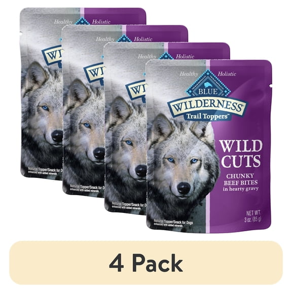 (4 pack) Blue Buffalo Wilderness Trail Toppers High-Protein Beef High-Protein Dog Food, 3 oz Pouch