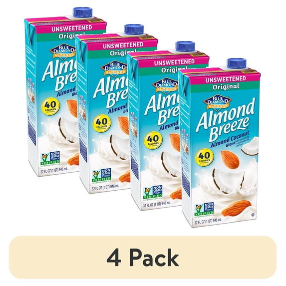 (4 pack) Blue Dimond Almond Almond Breeze Unsweetened Original Coconut Blend, 32 oz, Cardboar Box