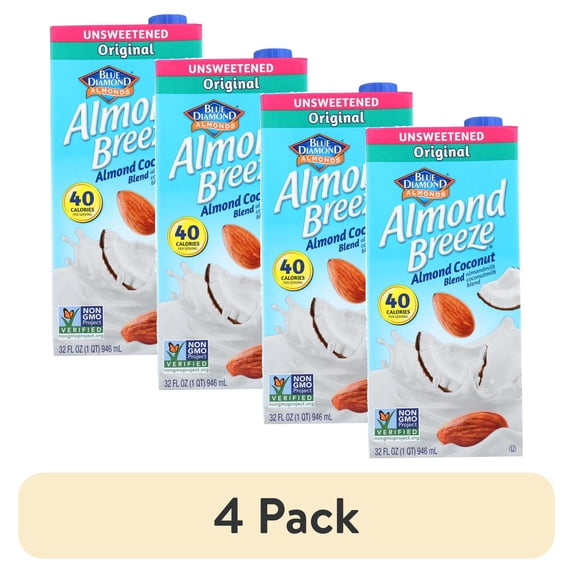(4 pack) Blue Dimond Almond Almond Breeze Unsweetened Original Coconut Blend, 32 oz, Cardboar Box