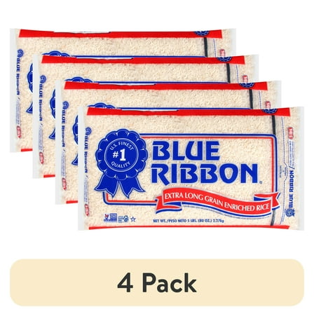 (4 pack) Blue Ribbon White Rice, Extra Long Grain Enriched Rice, Gluten Free, 5 lb Bag