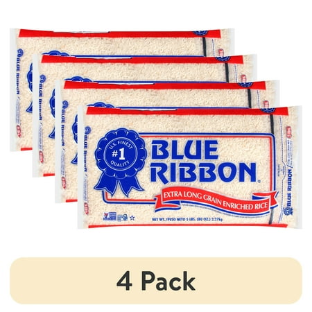 (4 pack) Blue Ribbon White Rice, Extra Long Grain Enriched Rice, Gluten Free, 5 lb Bag