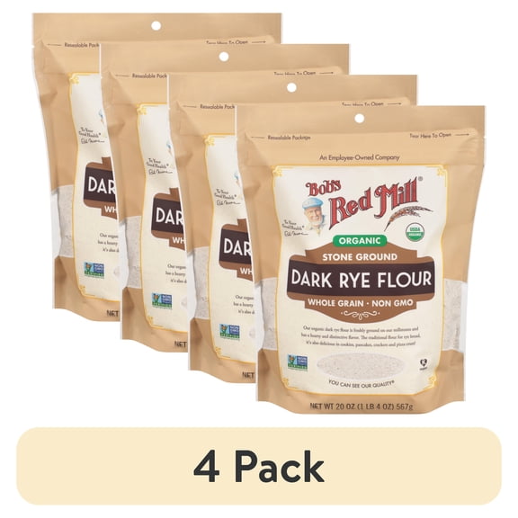(4 pack) Bob's Red Mill Organic Dark Rye Flour, 20 oz Bag - Whole Grain, High Protein & Fiber, Distinctive Rye Flavor