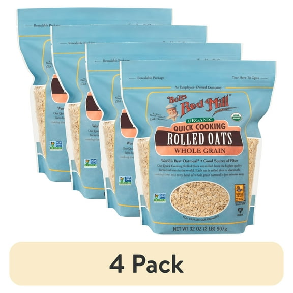 (4 pack) Bob's Red Mill Organic Quick Cooking Rolled Oats, 32 oz Bag