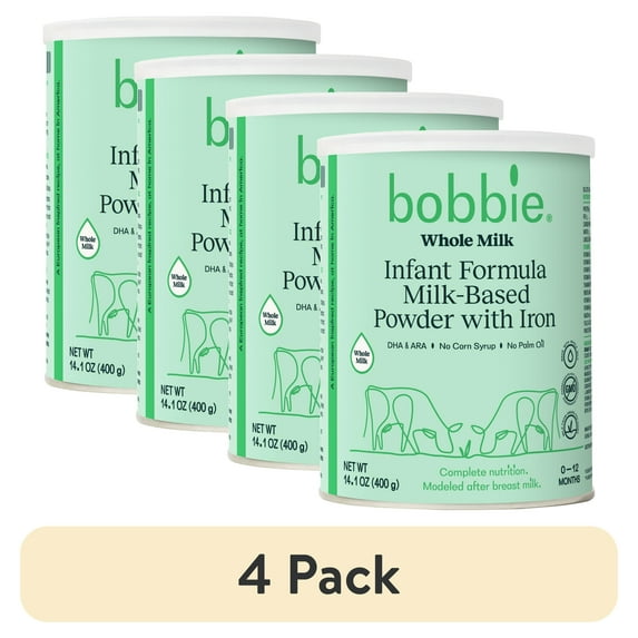 (4 pack) Bobbie Whole Milk Infant Formula for Everyday Feeding, Milk-Based Powder with 1.2mg Iron, Organic Grass-Fed Whole Milk Recipe, 14.1 oz Can