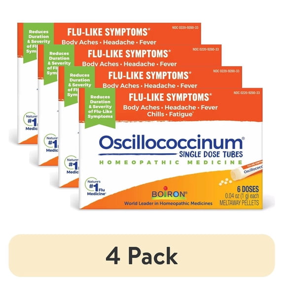 (4 pack) Boiron Oscillococcinum 0.04 Ounce 6 Doses Homeopathic Medicine for Flu-like Symptoms