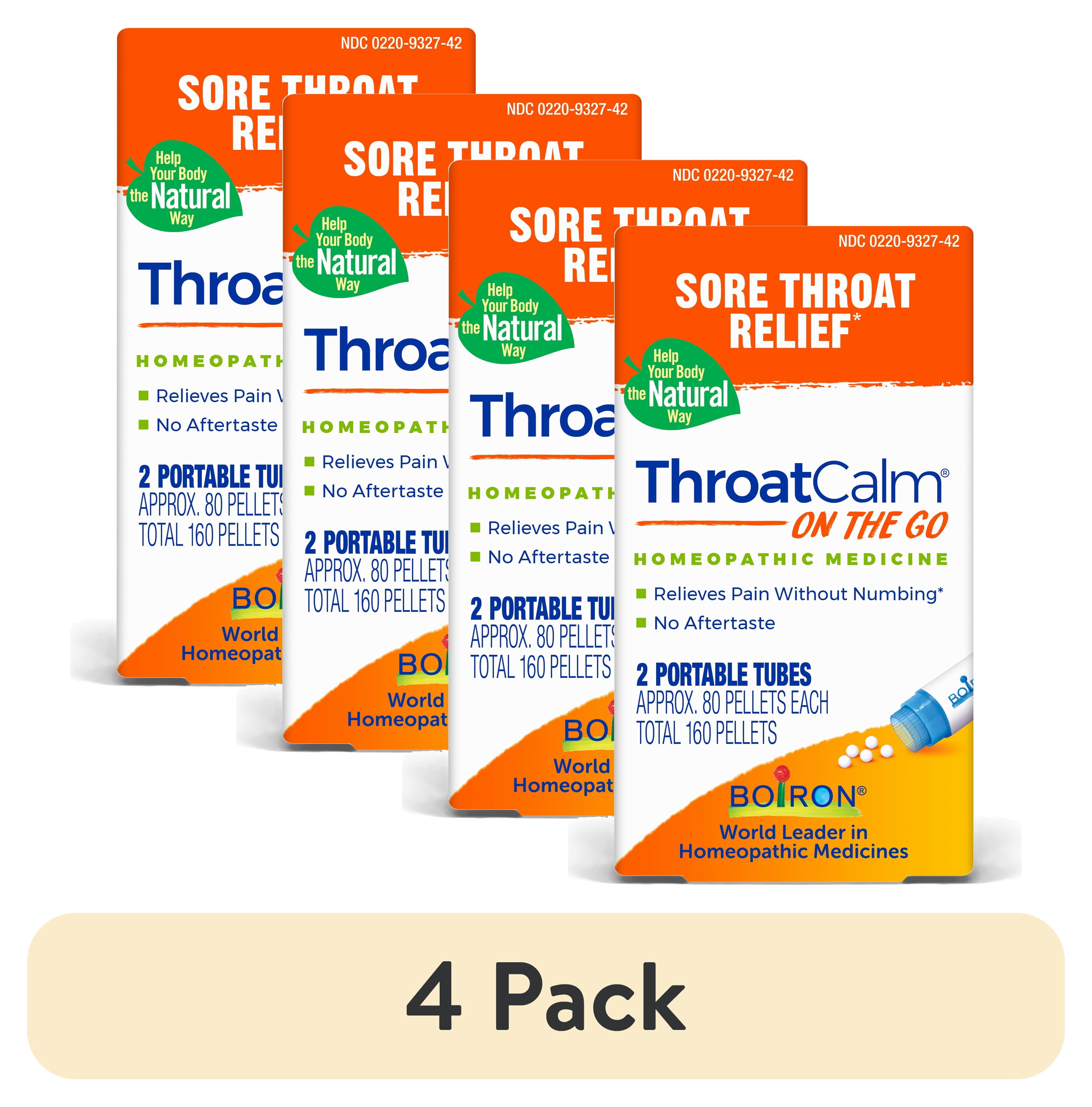 (4 pack) Boiron ThroatCalm On the Go, Homeopathic Medicine for Sore Throat Relief, Hoarseness, Red, Dry and Sore Throat, 2 x 80 Pellets, 160CT