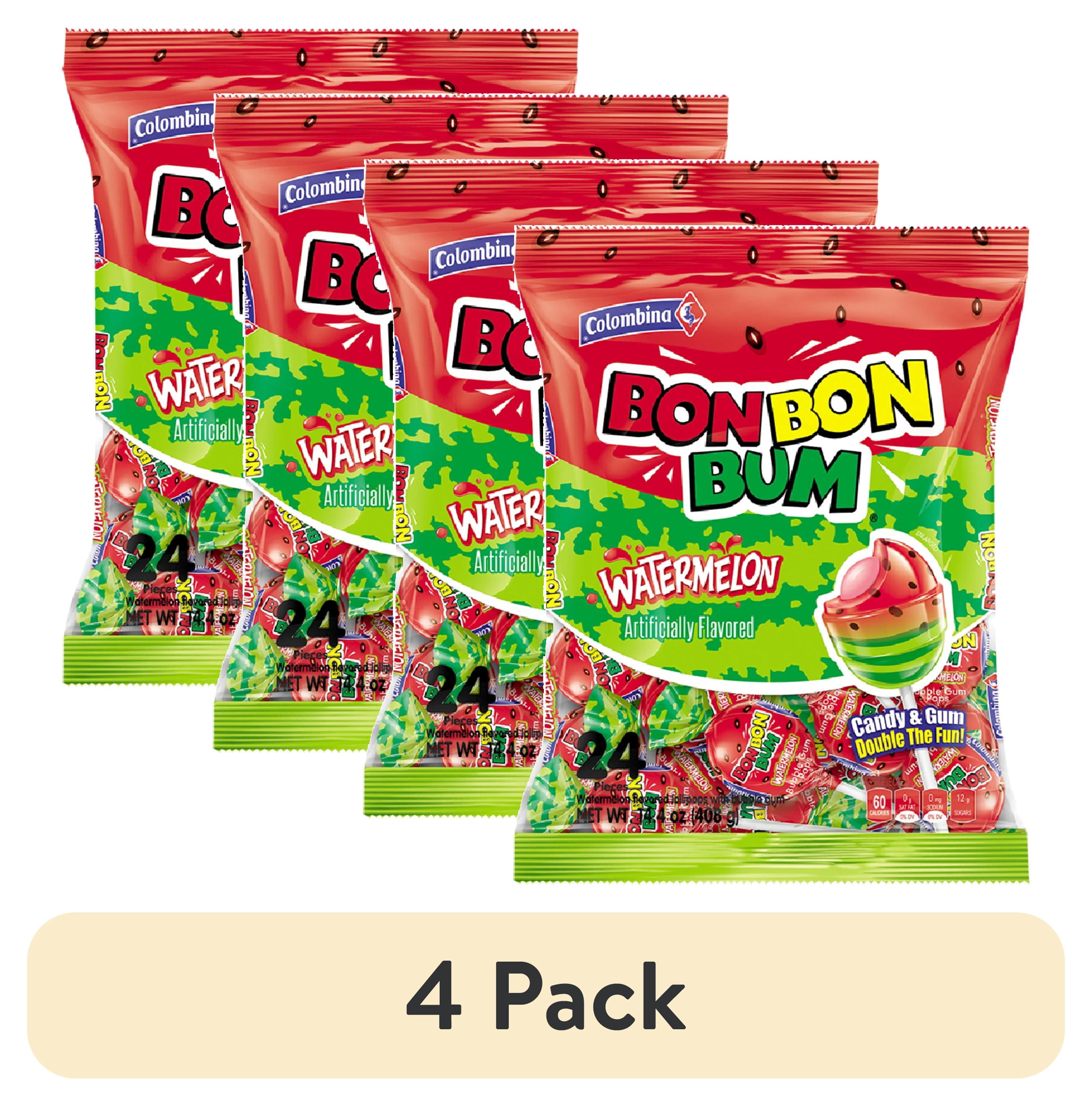 (4 pack) Bon Bon Bum Fruity Lollipop with Bubble Gum Center, 12 Count