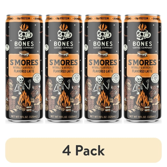 (4 pack) Bones Coffee Company S'mores Flavored Iced Coffee Latte, Ready To Drink Canned Coffee, 11 fl oz Can