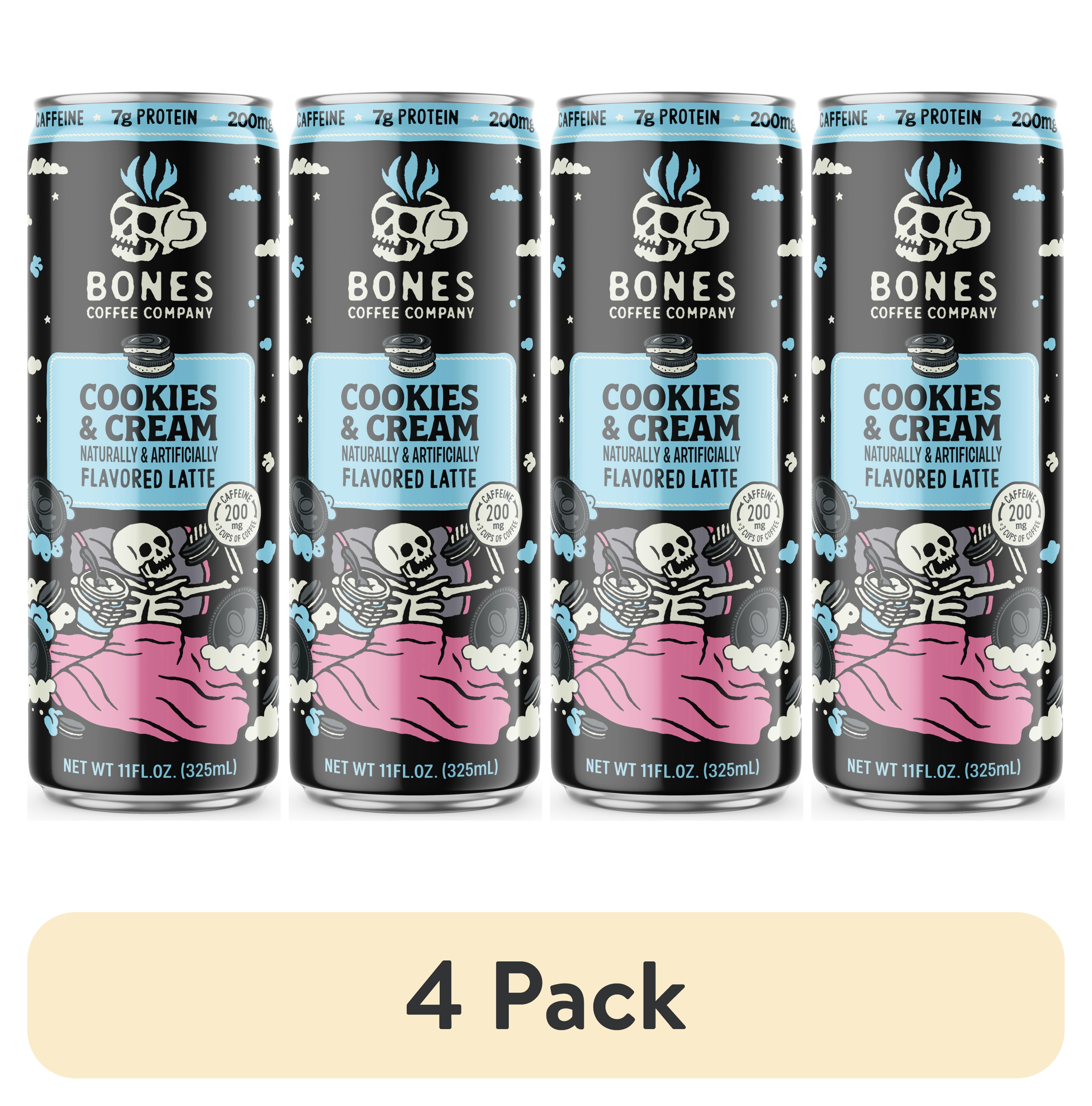 (4 pack) Bones Coffee Company Cookies & Cream Flavored Iced Coffee Latte, Ready To Drink Canned Coffee, 11 fl. oz. Can